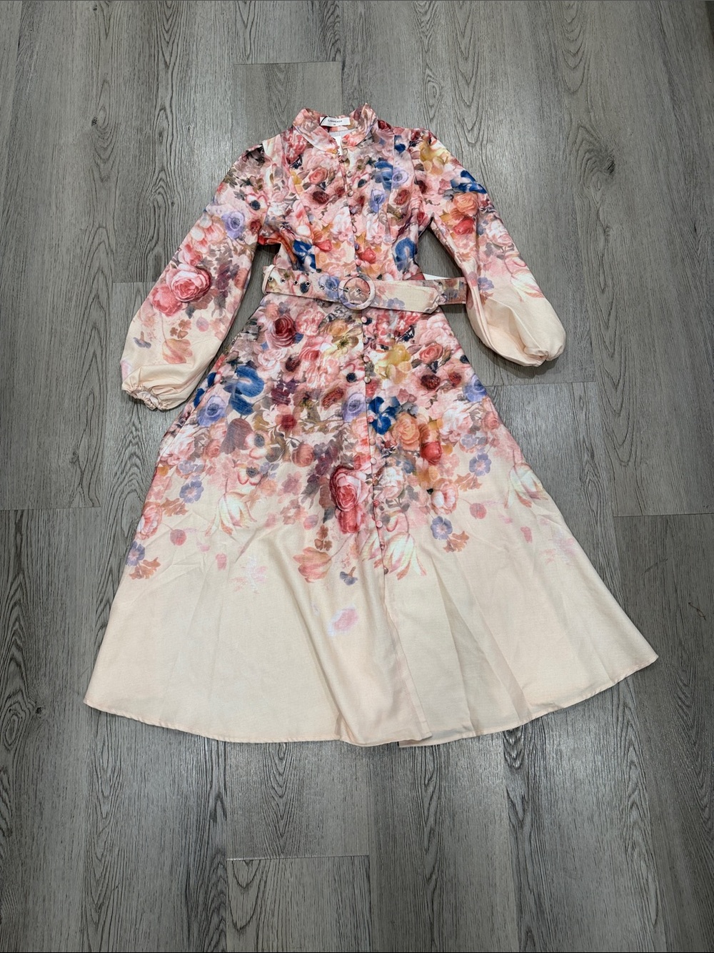 Commense Floral Print Belted Midi Dress in Blush Pink